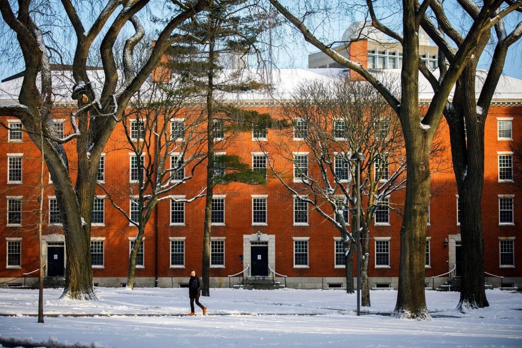 building in harvard yard. snow on the ground