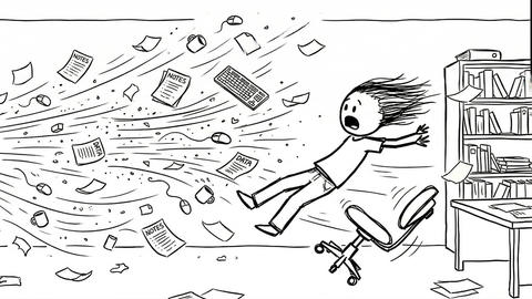 Gemini said A line-art comic where a person is blown backward by a torrent of papers and hardware erupting from a computer monitor displaying 'AGENTIC SCIENCE' in a messy office