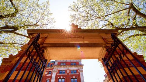 A view of Dexter Gate looking out toward Harvard Square