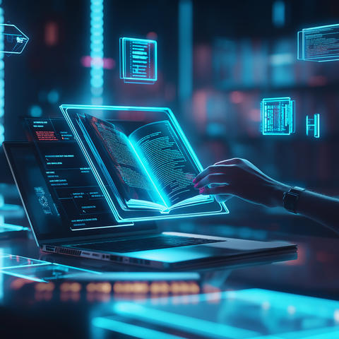 Hand interacting with a laptop displaying a glowing digital book and virtual data screens.
