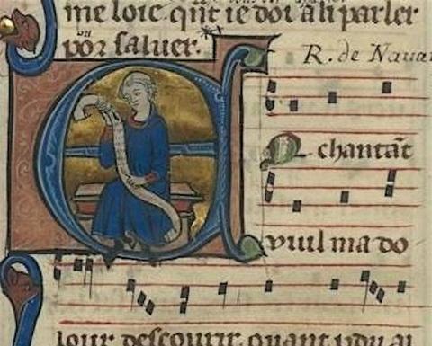 A medieval manuscript page featuring an illuminated initial 'O' with a seated figure holding a scroll, accompanied by musical notation and text in a gothic script